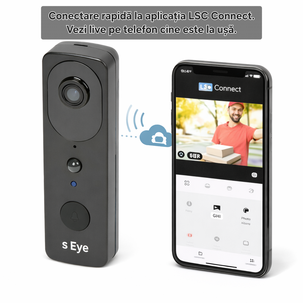 Sonerie video smart s-Eye WiFi 2.4GHz cu cameră HD 1296p și baterie reîncărcabilă