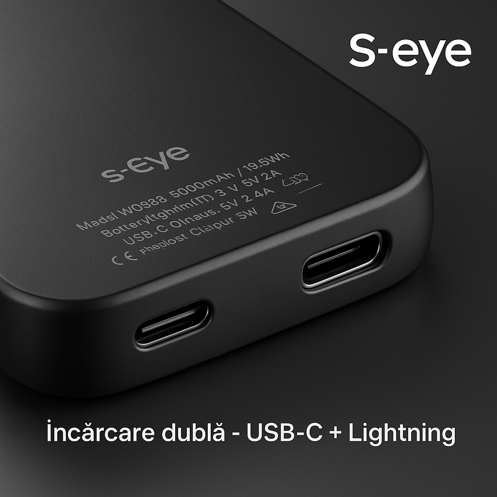 Baterie externa, Powerbank Magnetic s-Eye 5000 mAh cu Suport MagSafe si Stand Integrat – Incarcare Rapida USB-C & Wireless