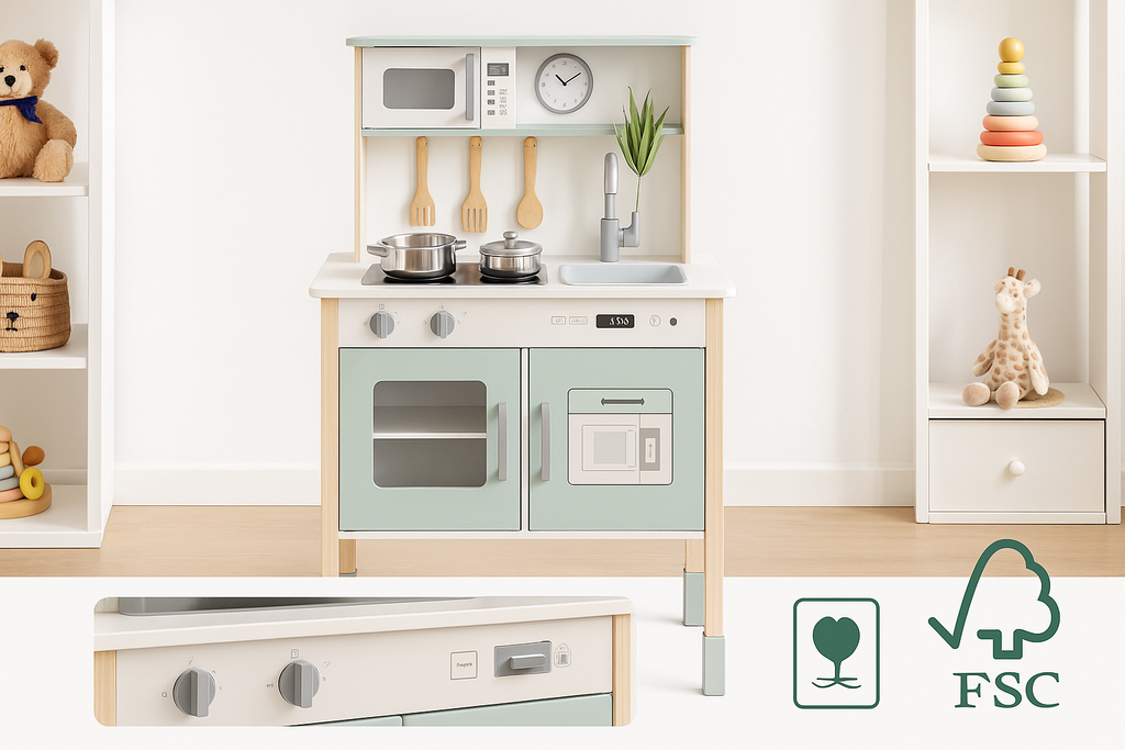 Bucătărie din Lemn S-Eye pentru Copii 60x30x93 cm cu 8 Piese și Accesorii FSC