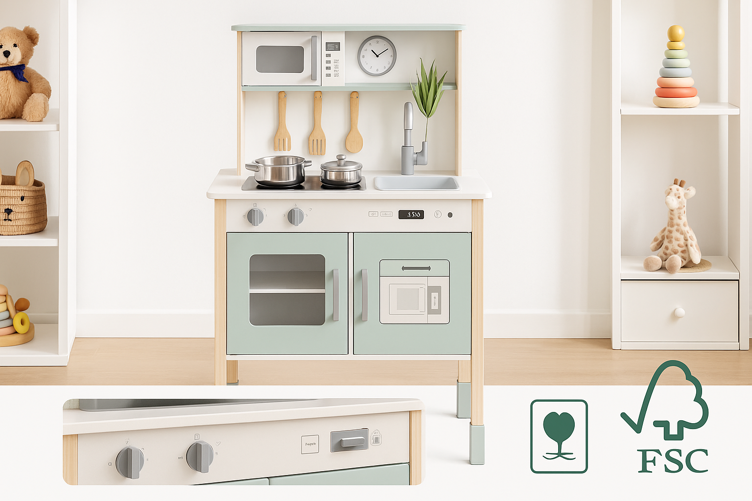 Bucătărie din Lemn S-Eye pentru Copii 60x30x93 cm cu 8 Piese și Accesorii FSC