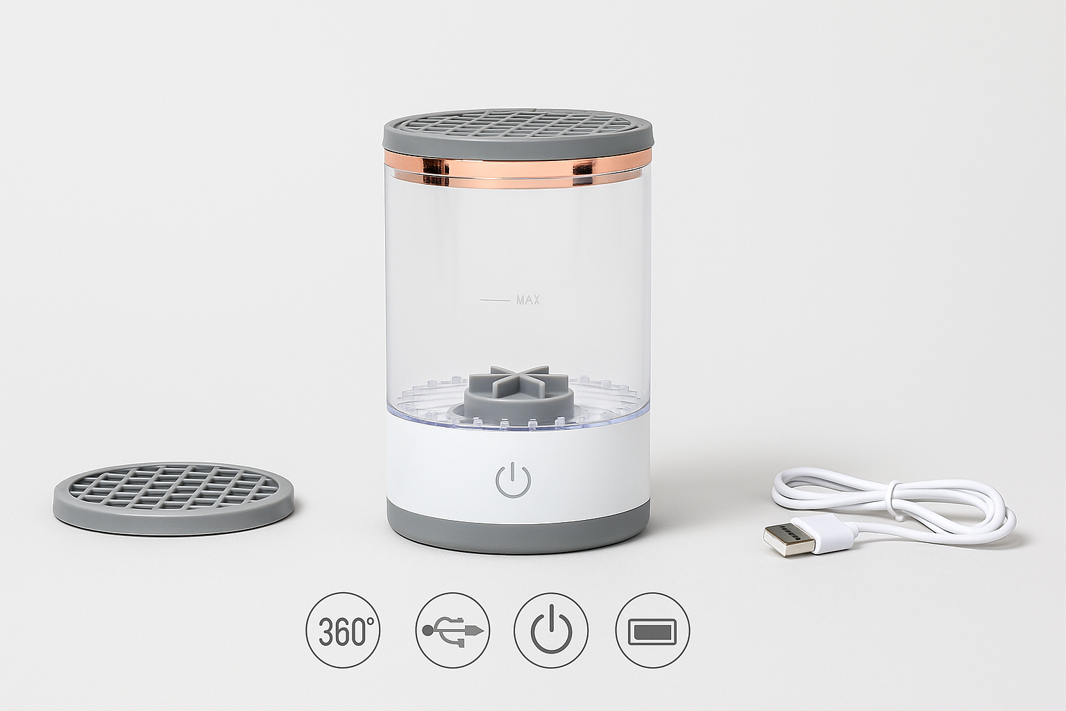 Aparat curățare pensule machiaj S-Eye, rotire 360°, suport uscare, alb, pentru 3 pensule