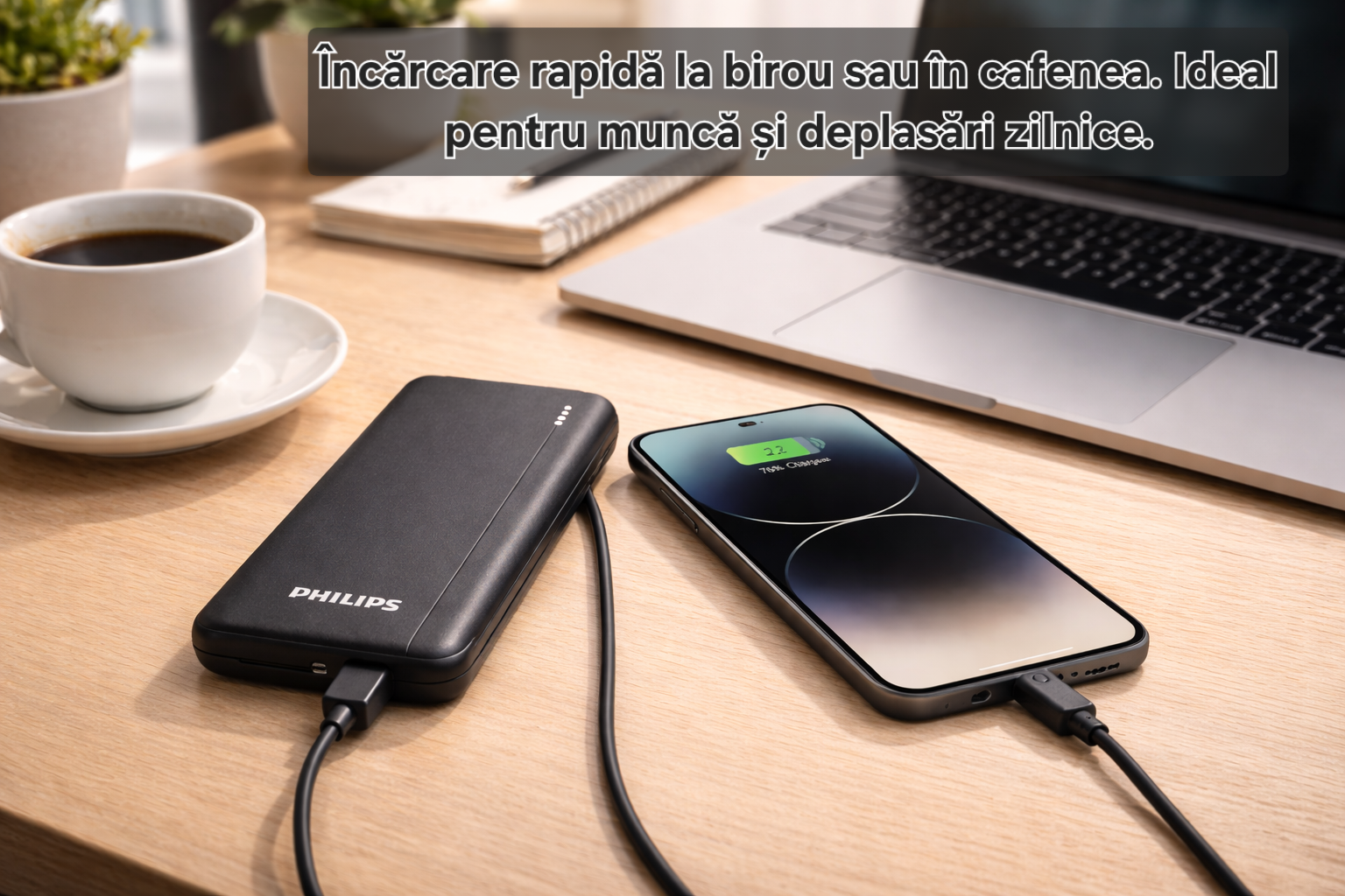 Baterie externă Philips 10000 mAh, PD 20W, încărcare de până la 2.3 ori mai rapidă, USB C, 2 x USB A, protecție avansată, sigură pentru avion, cablu inclus