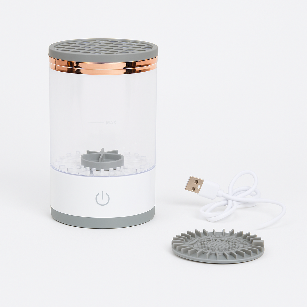 Aparat curățare pensule machiaj S-Eye, rotire 360°, suport uscare, alb, pentru 3 pensule