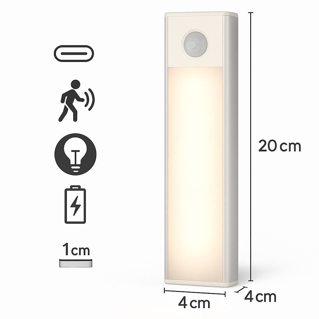 Lampa cu LED sub dulap S-Eye 200mm – Senzor de miscare, reincarcabila USB Type-C, 3 nuante de lumina (3000K-6500K)