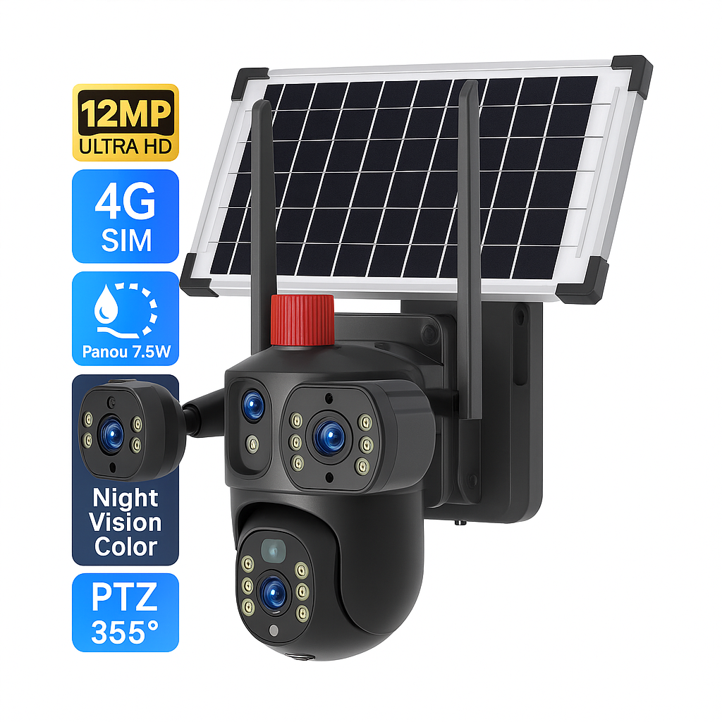 Cameră de Supraveghere Exterioară s-Eye Tripla 4G, 12MP Ultra HD, Zoom 10X, PTZ, Alimentare Solară 7.5W, Baterie 8000mAh