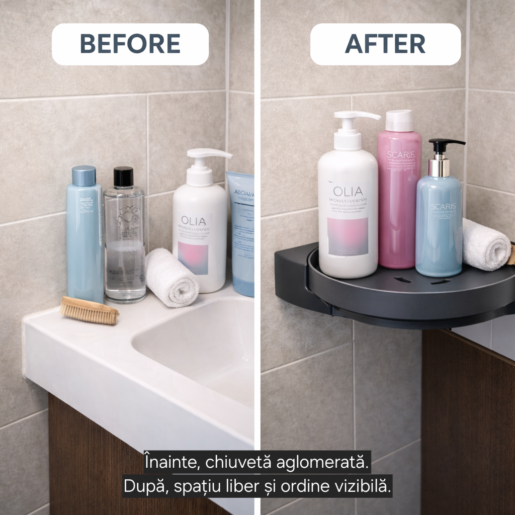 Suport Rotativ Baie S-Eye 360°, Montaj Fara Gaurire, Organizator Cosmetic Rezistent la Umezeala