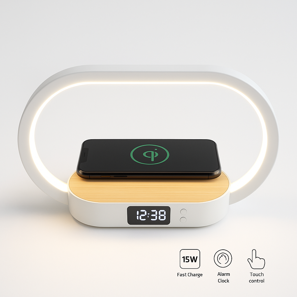 Lampa Multifunctionala s-Eye 3-in-1 cu Ceas, Lumina LED Reglabila si Wireless Charger