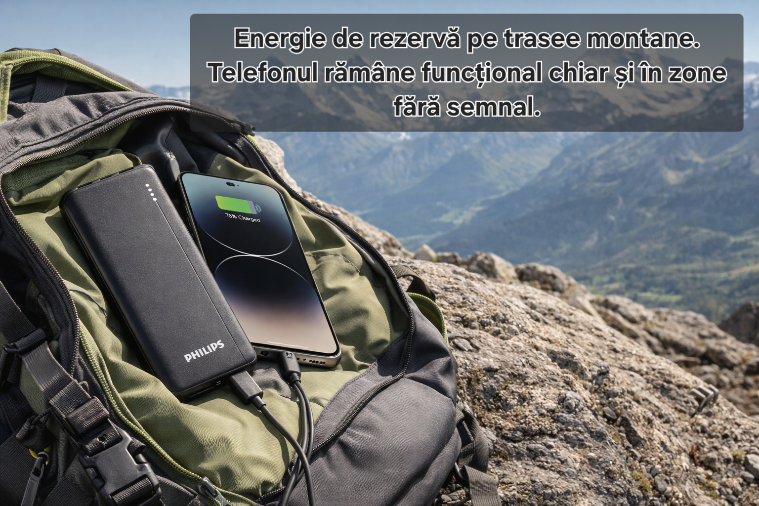 Baterie externă Philips 10000 mAh, PD 20W, încărcare de până la 2.3 ori mai rapidă, USB C, 2 x USB A, protecție avansată, sigură pentru avion, cablu inclus