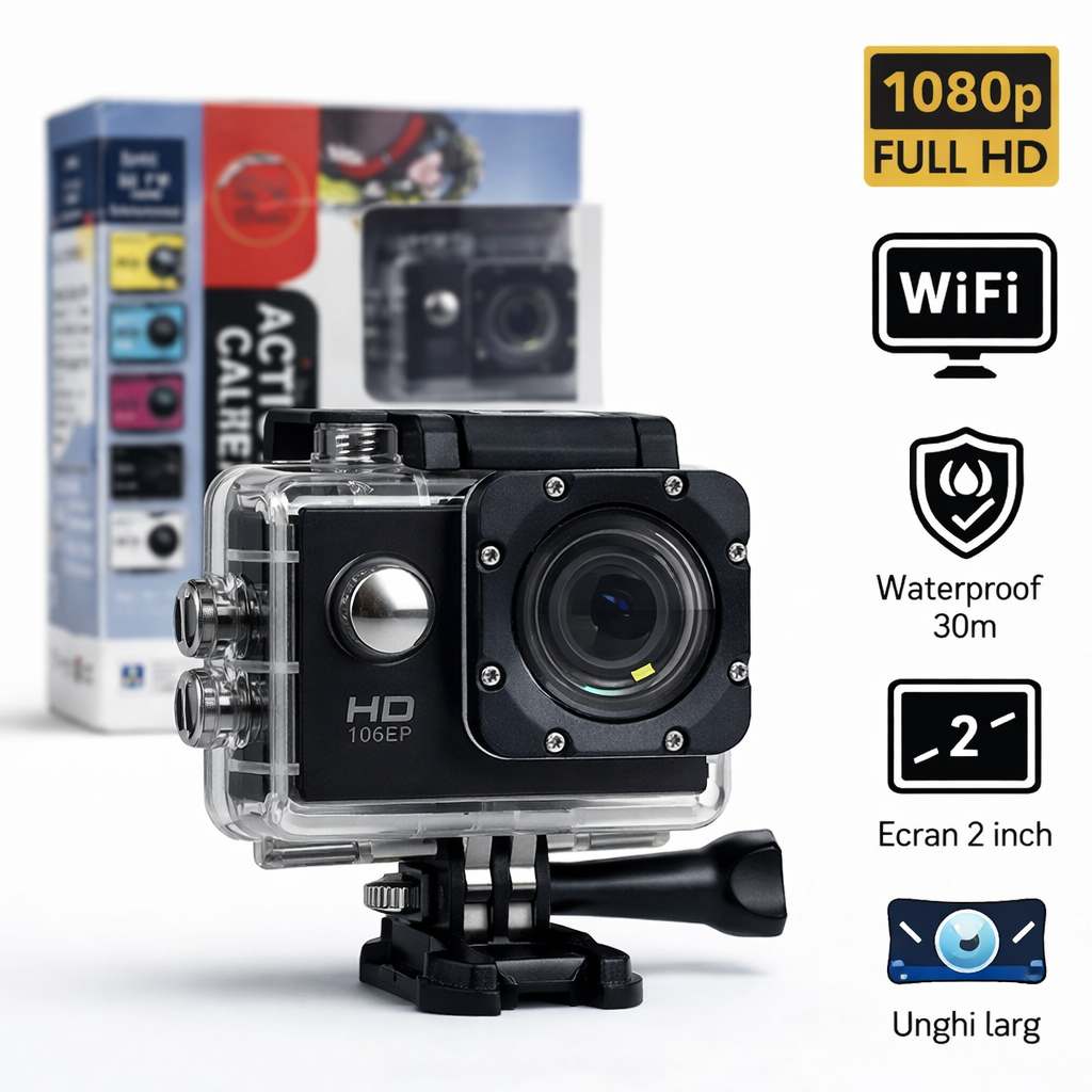 Cameră de acțiune Full HD 1080p cu WiFi, carcasă waterproof 30 m, ecran 2 inch, accesorii incluse