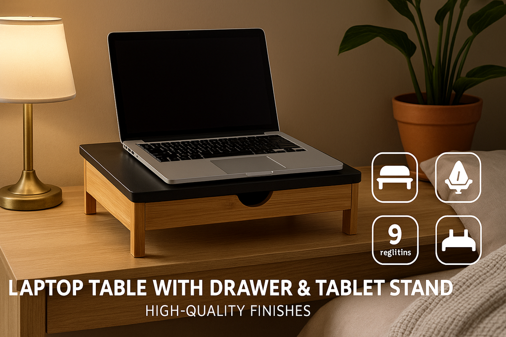 Suport laptop s-Eye din bambus cu sertar si stand pentru tableta, reglabil 9 pozitii