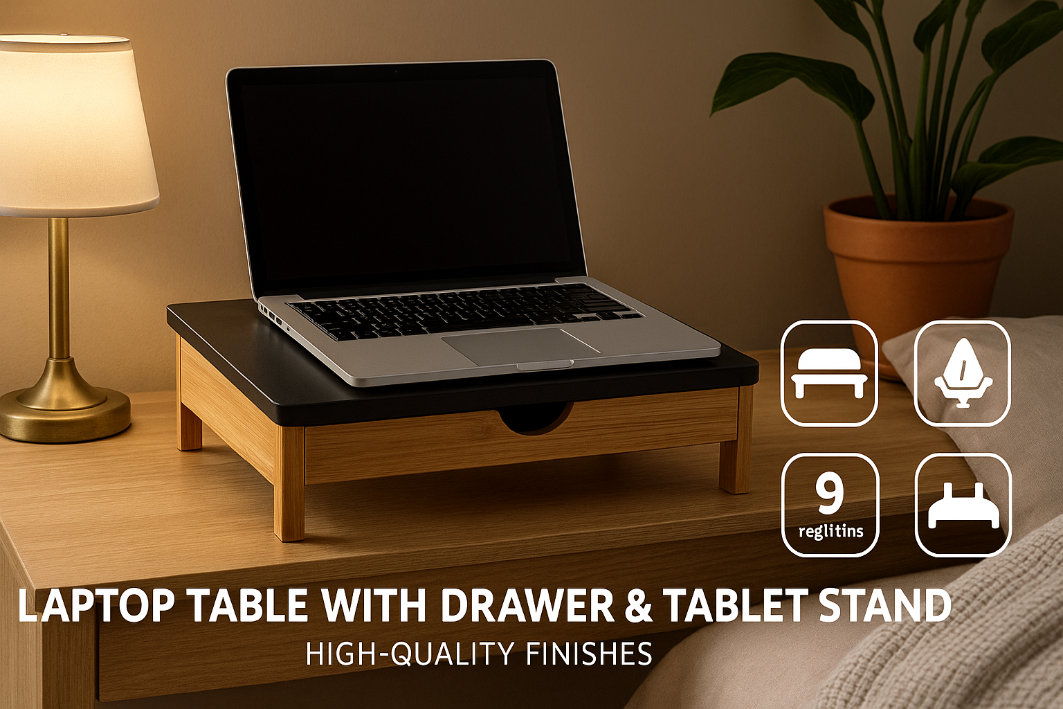 Suport laptop s-Eye din bambus cu sertar si stand pentru tableta, reglabil 9 pozitii