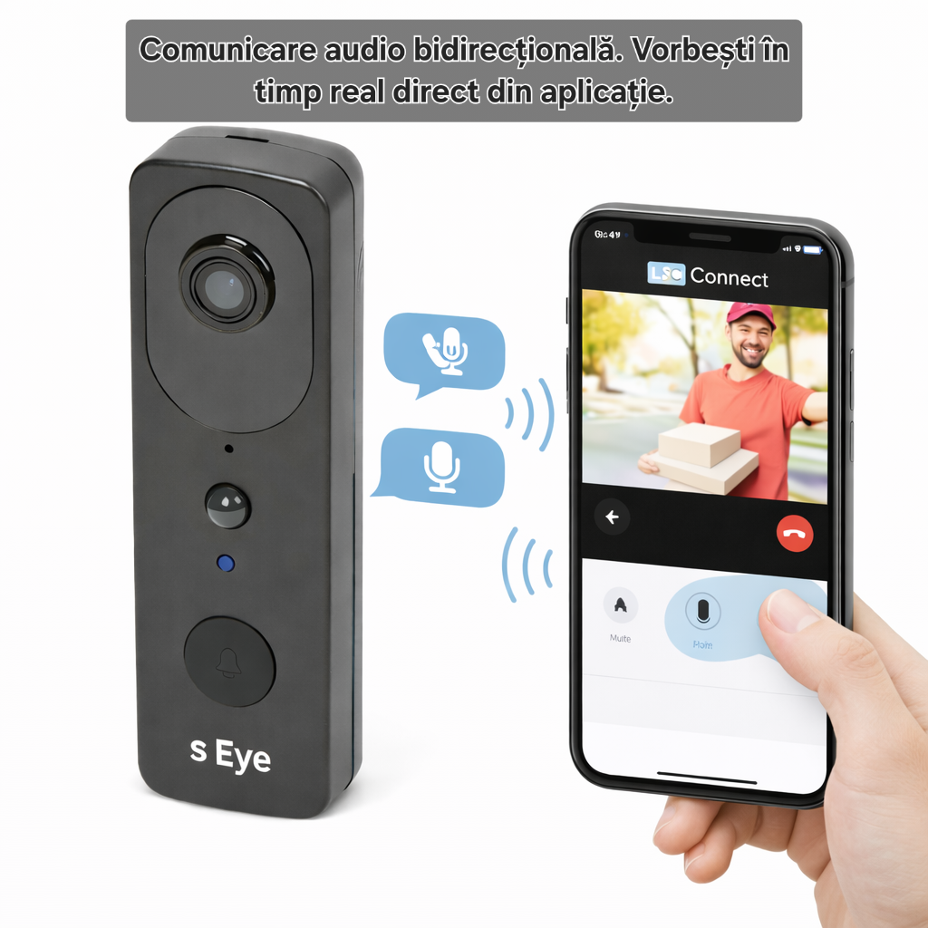 Sonerie video smart s-Eye WiFi 2.4GHz cu cameră HD 1296p și baterie reîncărcabilă