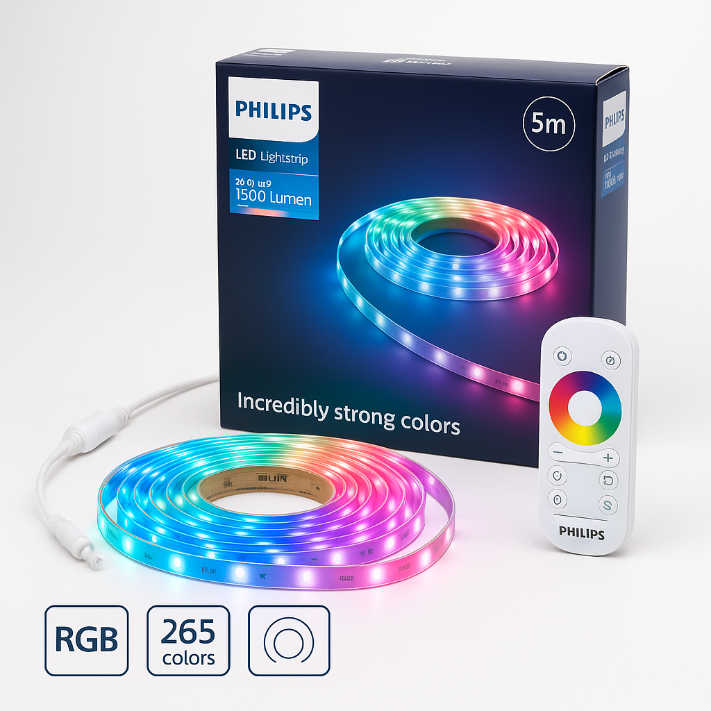 Bandă LED Philips RGB 5m, 24W, 1500 lm, telecomandă, 256 culori, iluminare ambientală
