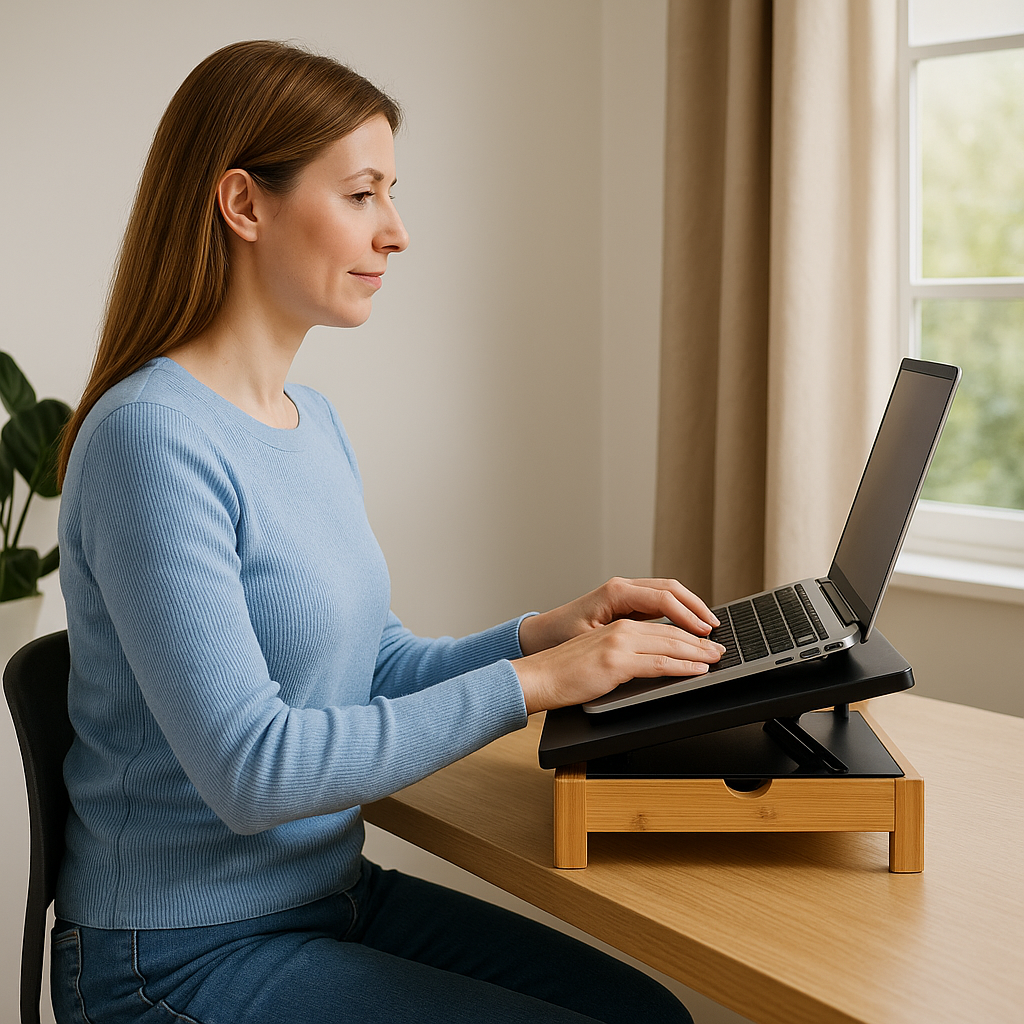 Suport laptop s-Eye din bambus cu sertar si stand pentru tableta, reglabil 9 pozitii