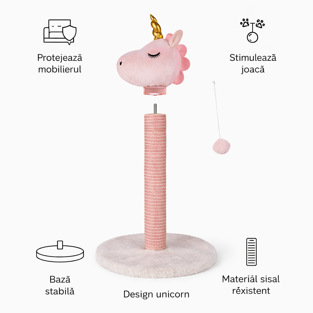 Ansamblu de zgâriat pentru pisici S-Eye Unicorn, 48 cm, stâlp sisal, bază 34 cm, minge suspendată, roz