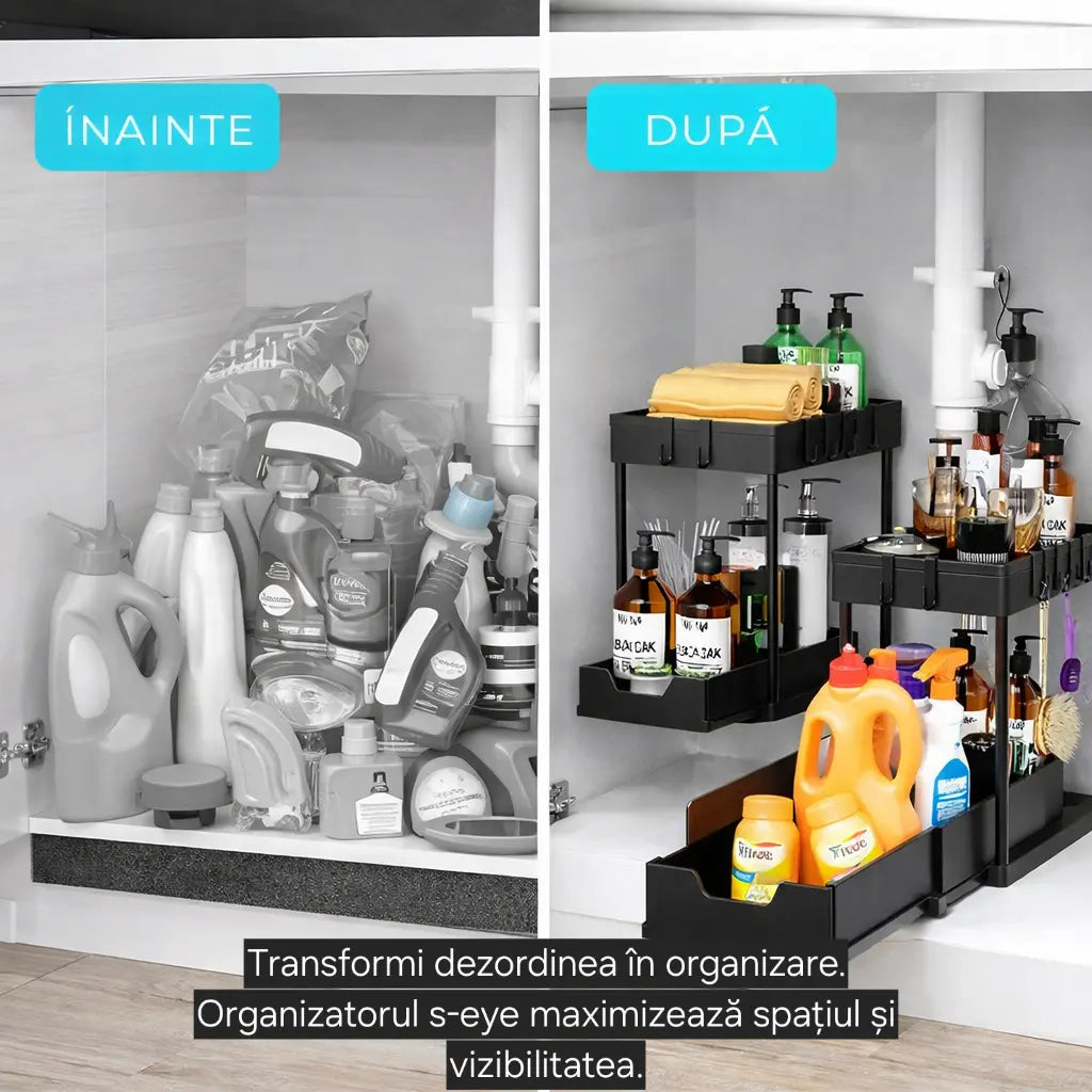 Organizator sub chiuvetă s-eye cu coș glisant, 2 niveluri, raft depozitare baie și bucătărie, negru