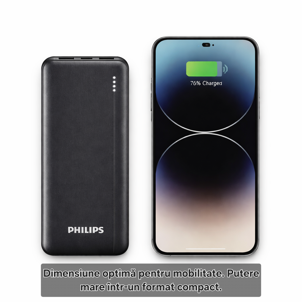 Baterie externă Philips 10000 mAh, PD 20W, încărcare de până la 2.3 ori mai rapidă, USB C, 2 x USB A, protecție avansată, sigură pentru avion, cablu inclus