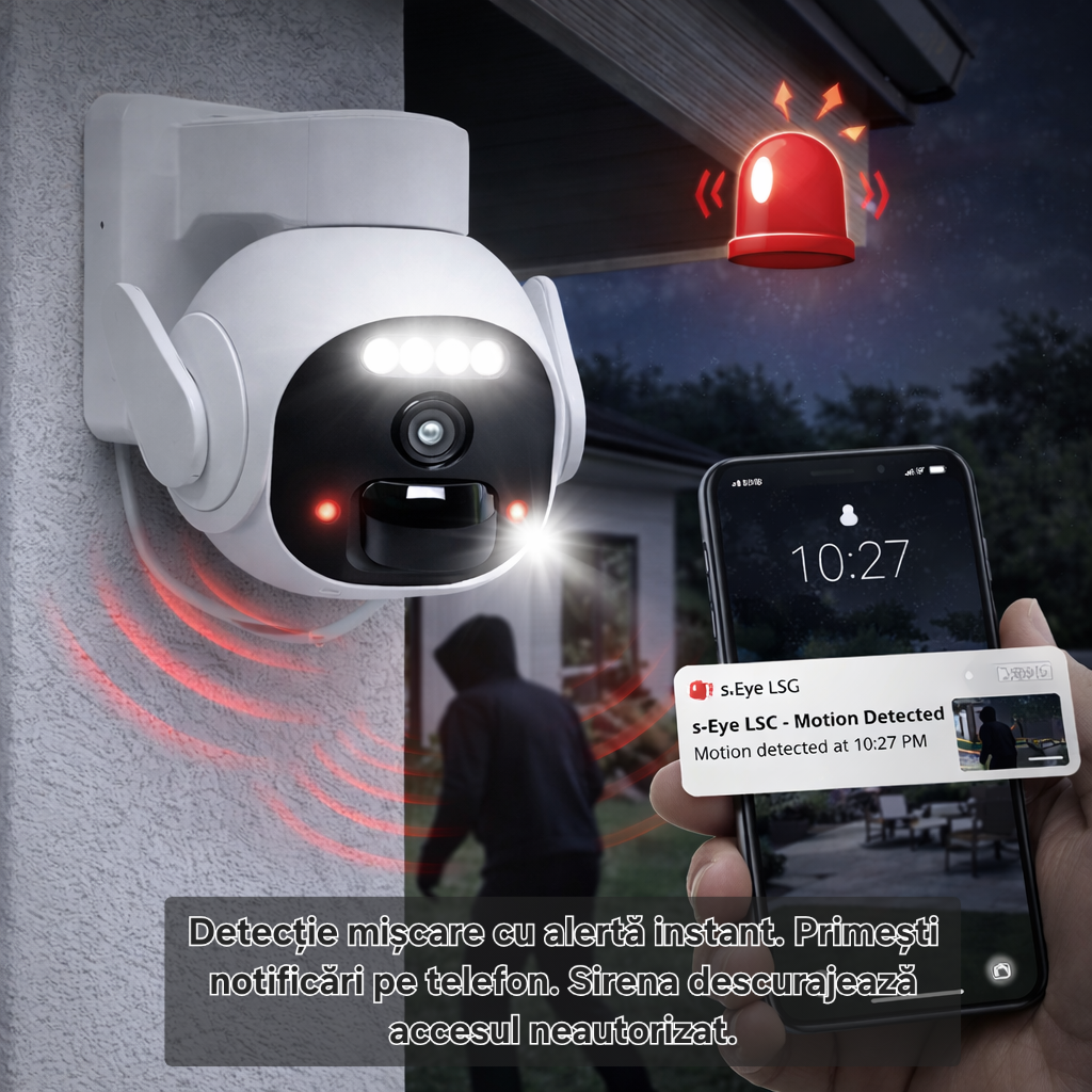 Camera supraveghere s-Eye LSC WiFi cu alimentare solară, PTZ, 1296p HD, detecție mișcare, sirenă, vedere nocturnă, IP65