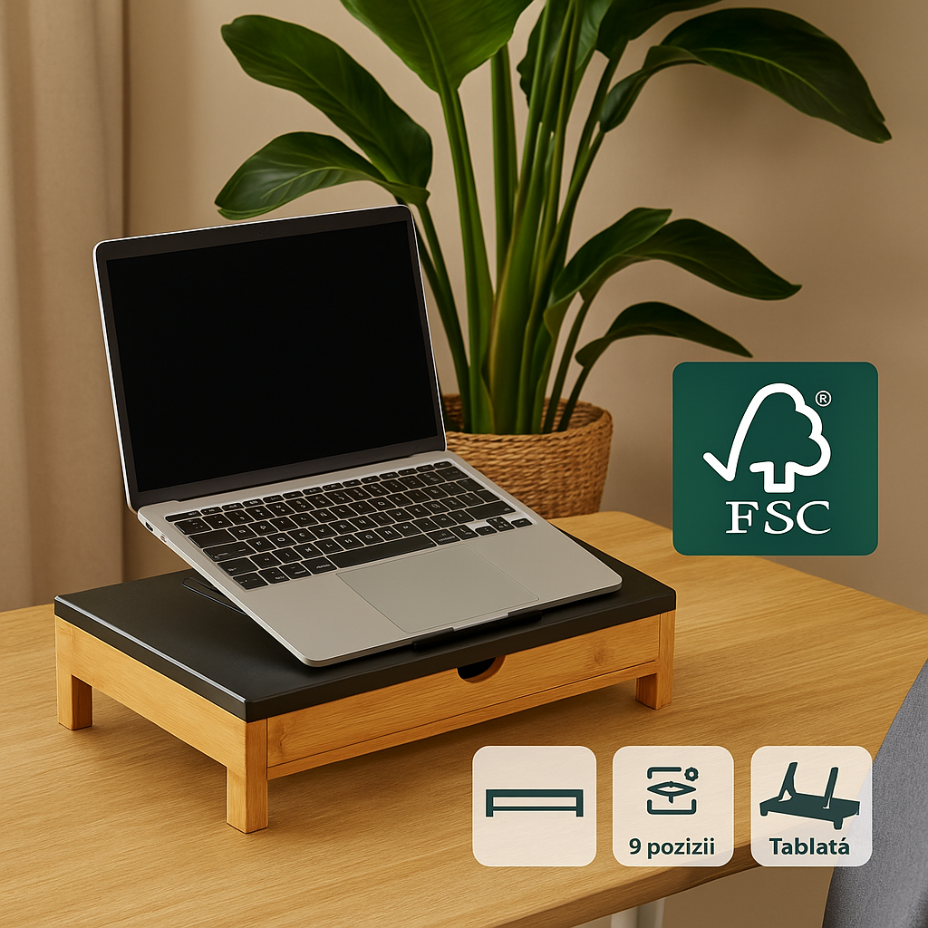 Suport laptop s-Eye din bambus cu sertar si stand pentru tableta, reglabil 9 pozitii