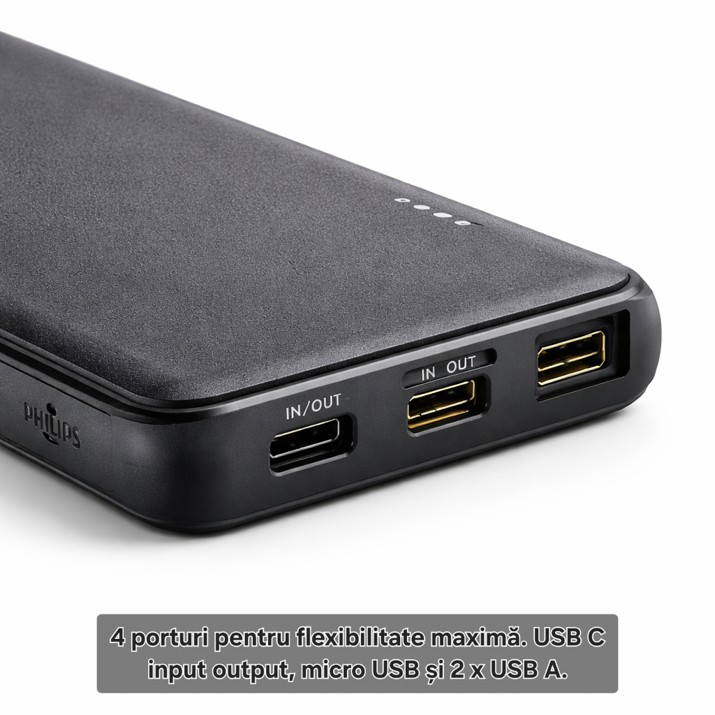 Baterie externă Philips 10000 mAh, PD 20W, încărcare de până la 2.3 ori mai rapidă, USB C, 2 x USB A, protecție avansată, sigură pentru avion, cablu inclus