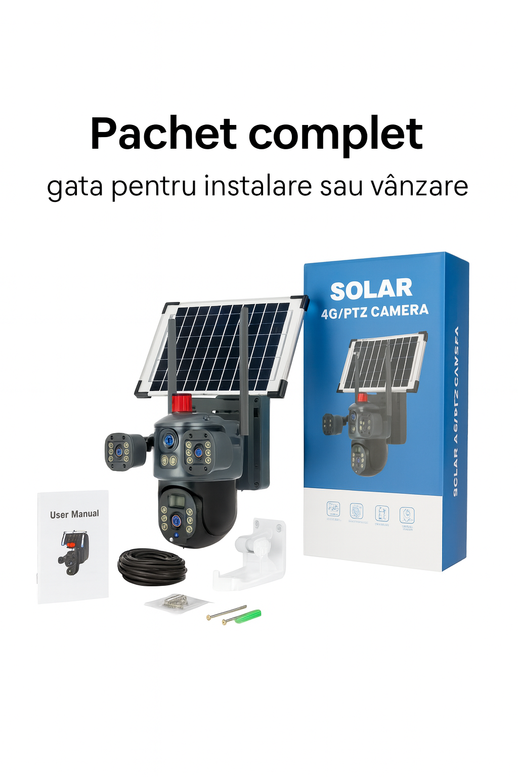 Cameră de Supraveghere Exterioară s-Eye Tripla 4G, 12MP Ultra HD, Zoom 10X, PTZ, Alimentare Solară 7.5W, Baterie 8000mAh