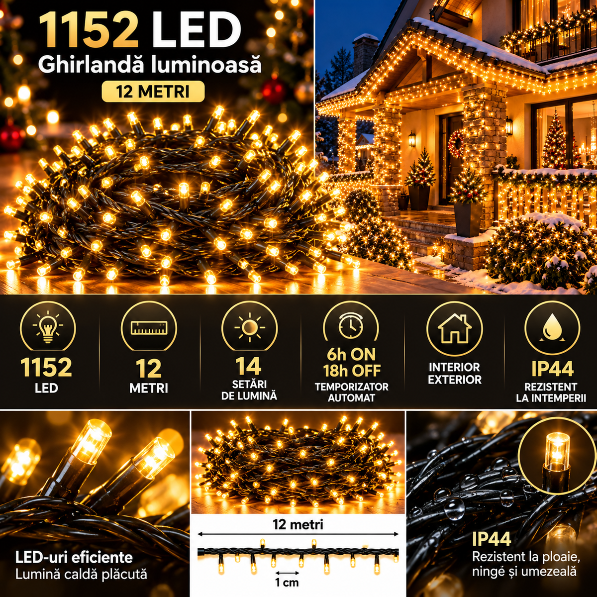 Ghirlandă 1152 LED 12 m funcții tehnice