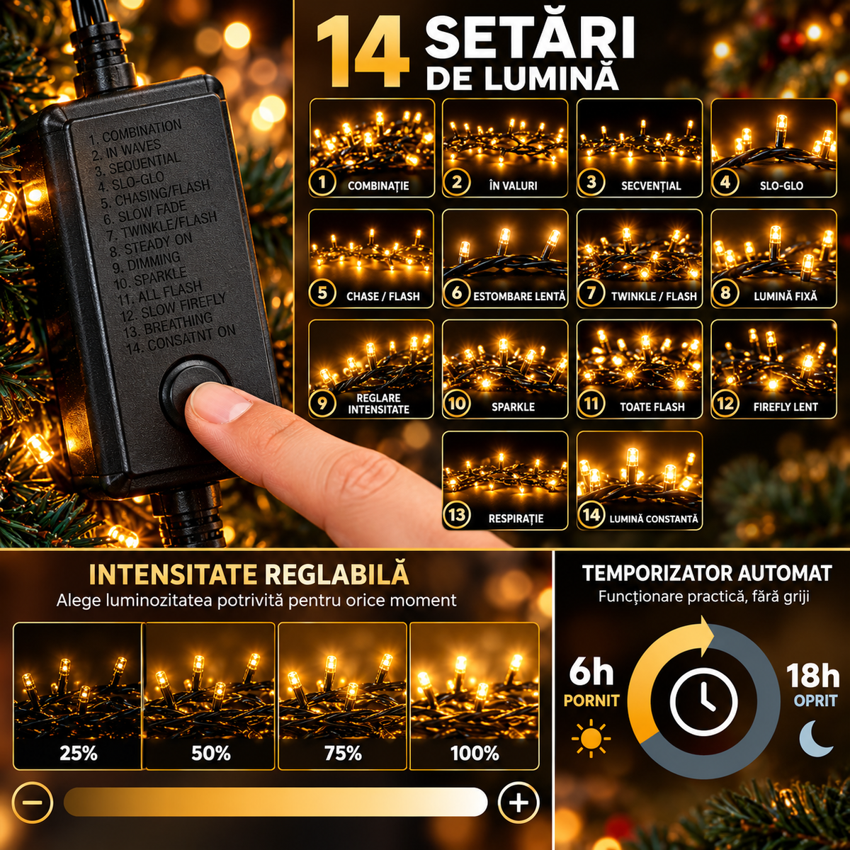 Ghirlandă 1152 LED funcții și intensitate reglabilă
