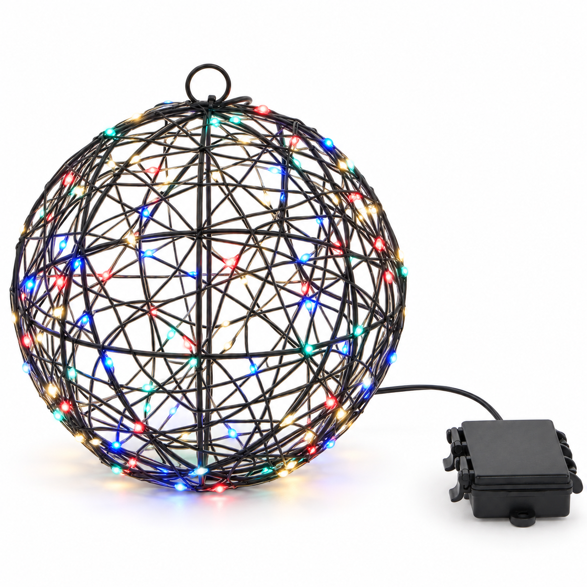 Glob luminos 140 LED multicolor cu structură neagră și alimentator pe alb