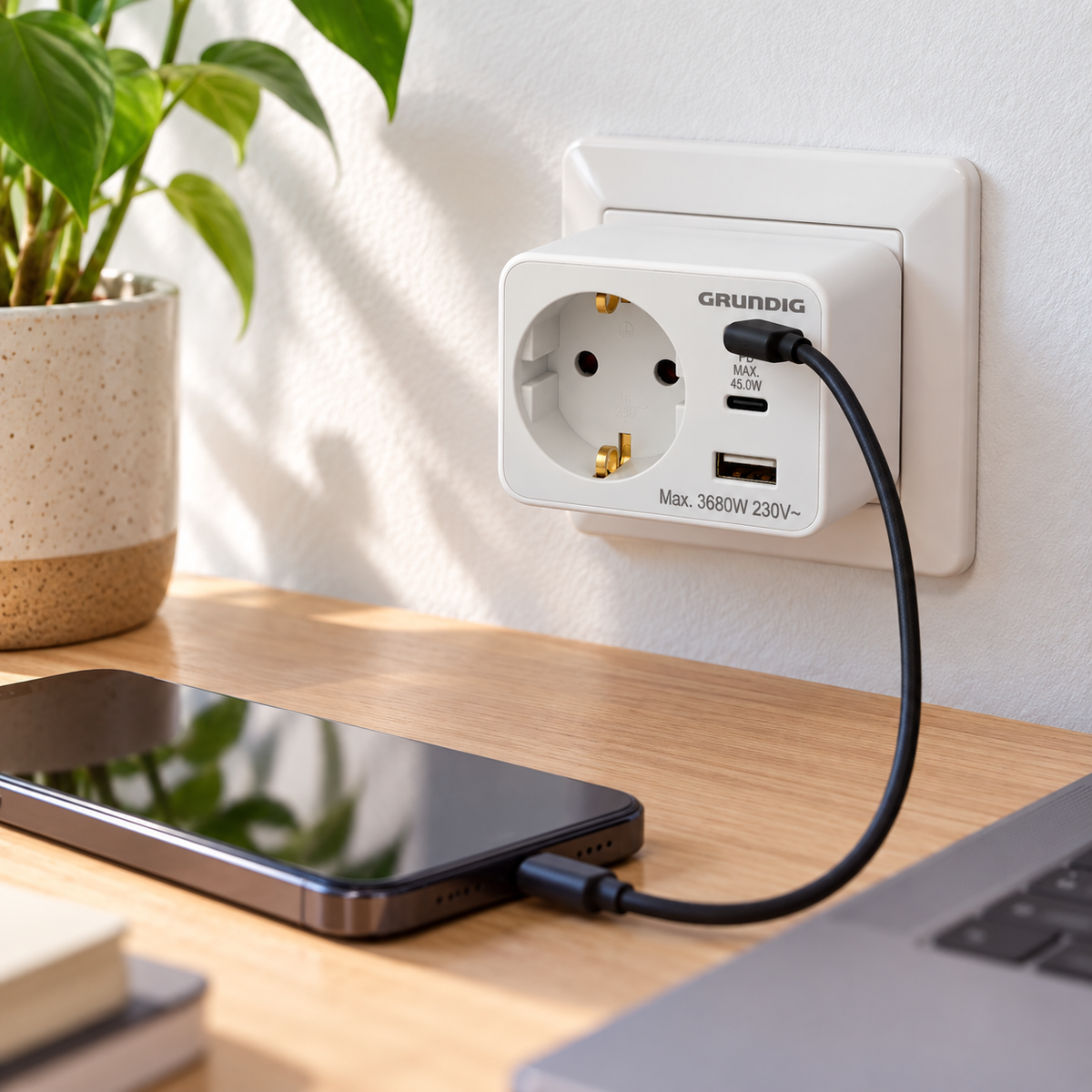Adaptor Grundig 45 W în priză, încărcând un telefon la birou