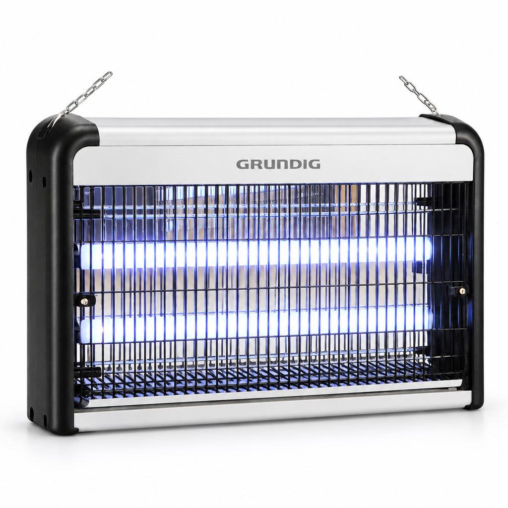 Aparat anti-insecte Grundig cu două tuburi UV și grilă de protecție, pe fundal alb