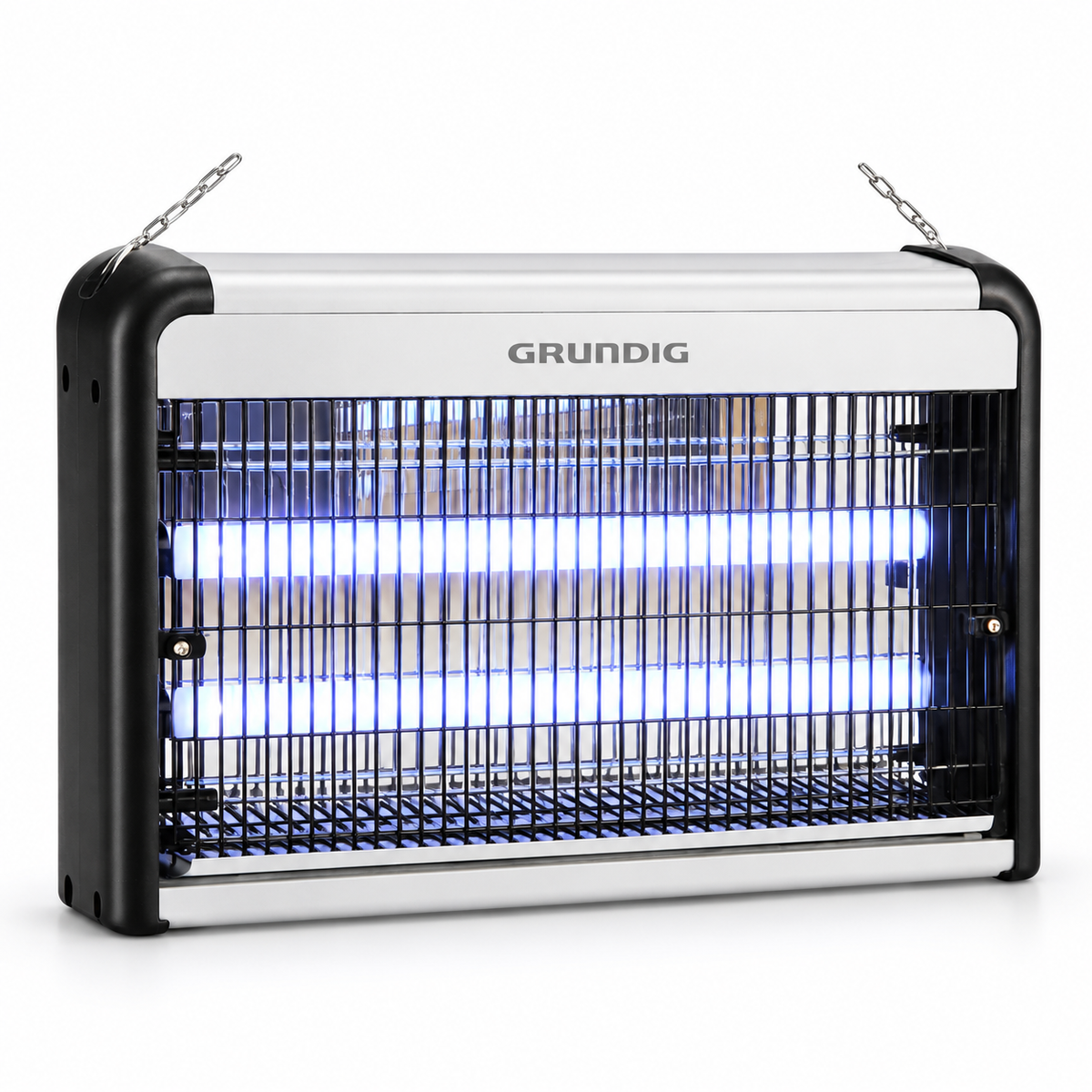 Aparat anti-insecte Grundig cu două tuburi UV și grilă de protecție, pe fundal alb