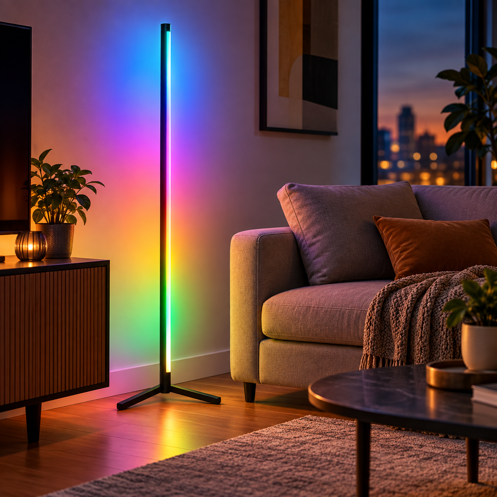 Lampă RGB Grundig în living, lumină ambientală