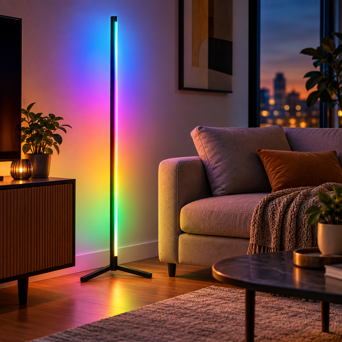 Lampă RGB Grundig în living, lumină ambientală