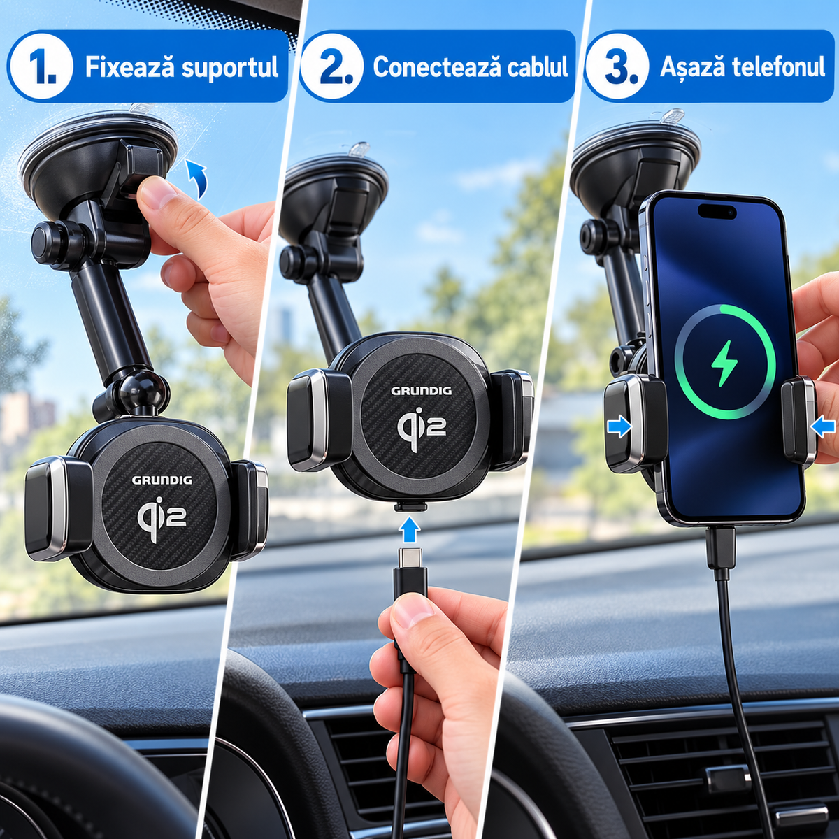 Montaj suport auto Grundig în trei pași