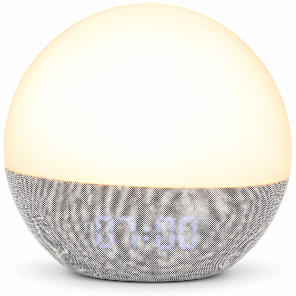 Lampă deșteptătoare Grundig Wake-up Light aprinsă, produs pe fundal alb