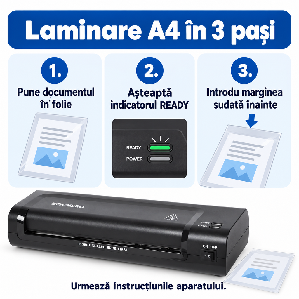 Laminare A4 în trei pași: document în folie, READY, marginea sudată înainte