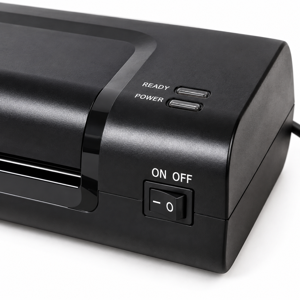 Detaliu al comenzilor ON/OFF și indicatorilor READY și POWER ai laminatorului Fichero