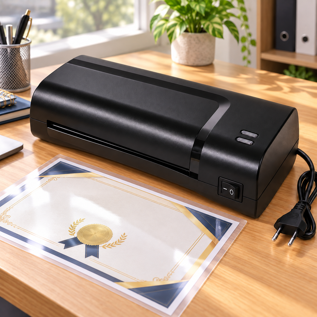 Laminator Fichero A4 lângă un document plastifiat cu marginile sigilate