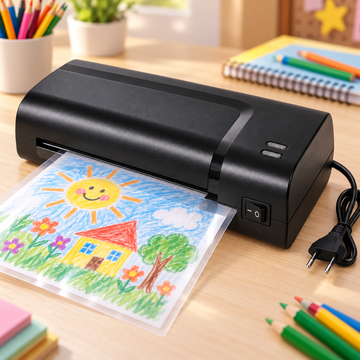 Laminator Fichero A4 folosit pentru protejarea unei lucrări creative pentru școală