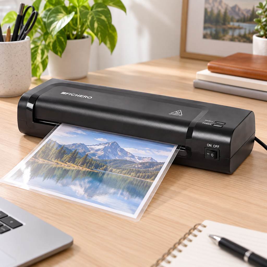 Laminator Fichero A4 în lucru, plastifiind o fotografie pe birou