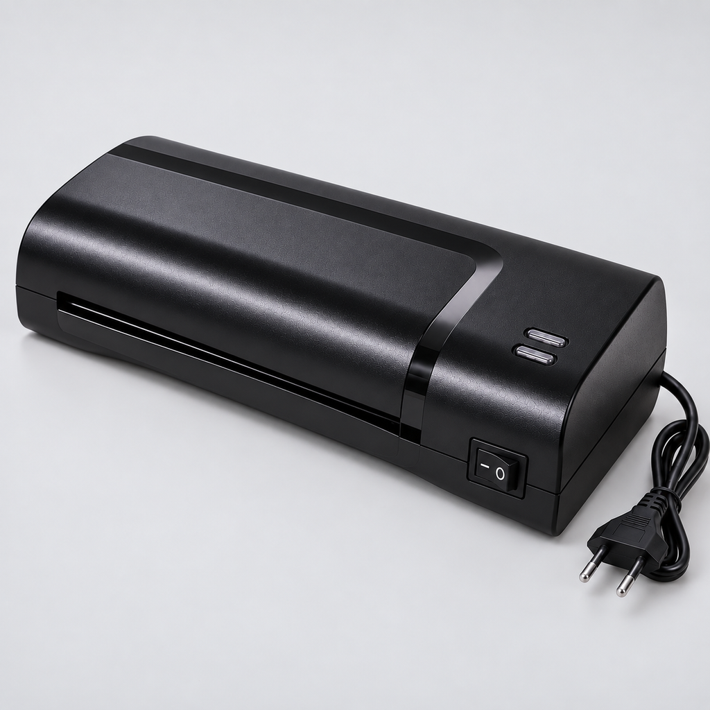 Laminator Fichero A4 negru, vedere laterală cu fantă de alimentare și cablu de alimentare
