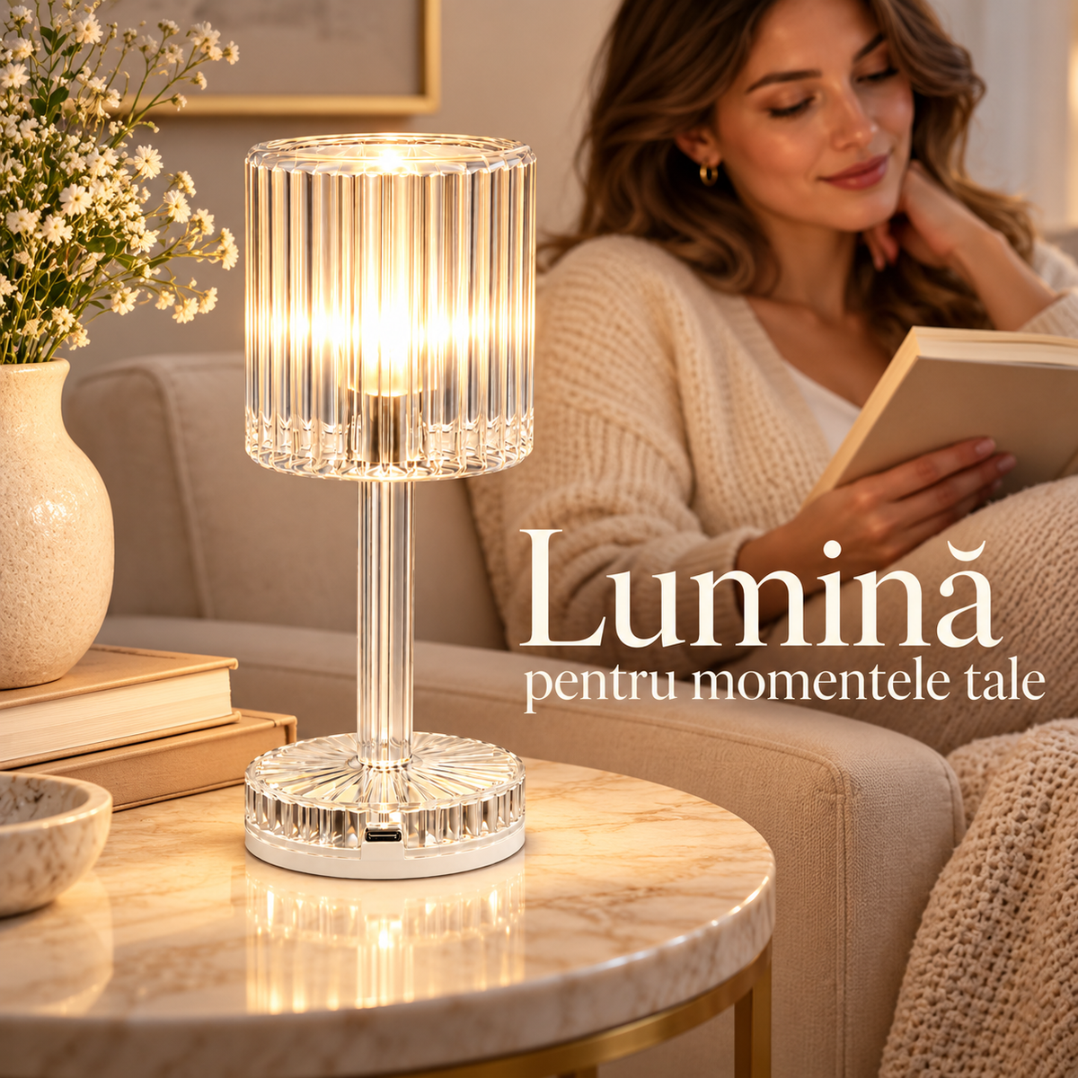 Lampă de masă LED transparentă, lifestyle