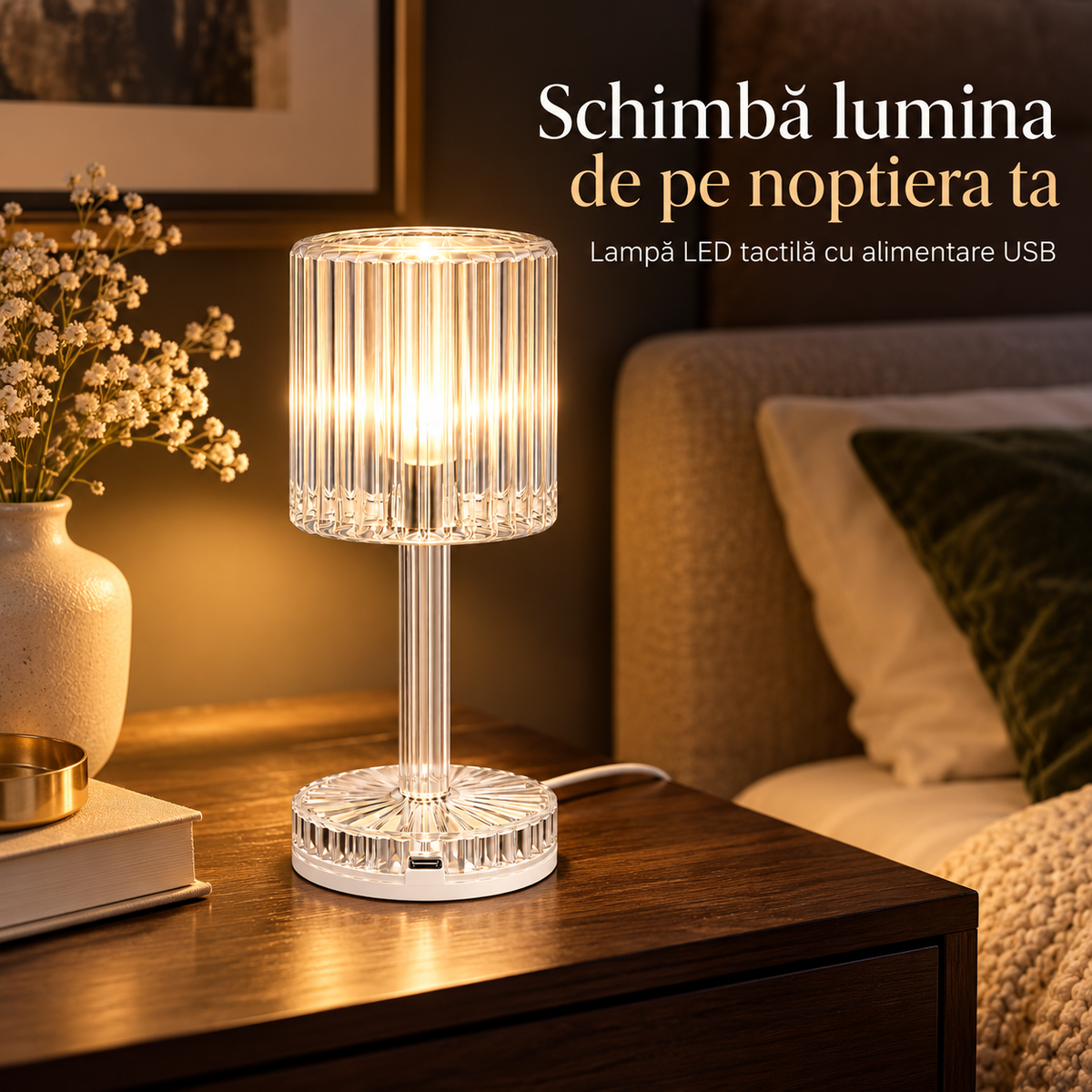 Lampă de masă LED transparentă, metaads