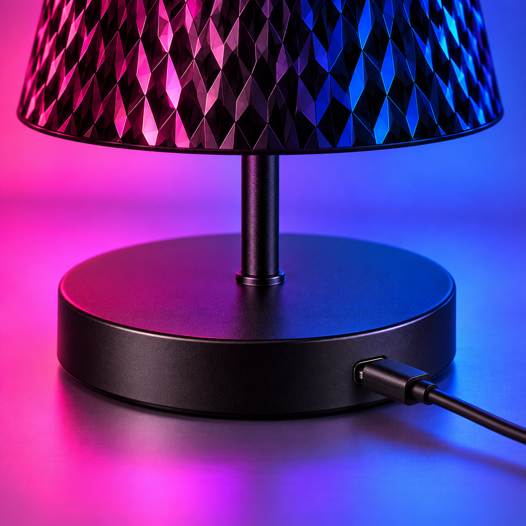 Detaliu al bazei lămpii RGB și al cablului USB-C conectat pentru încărcare