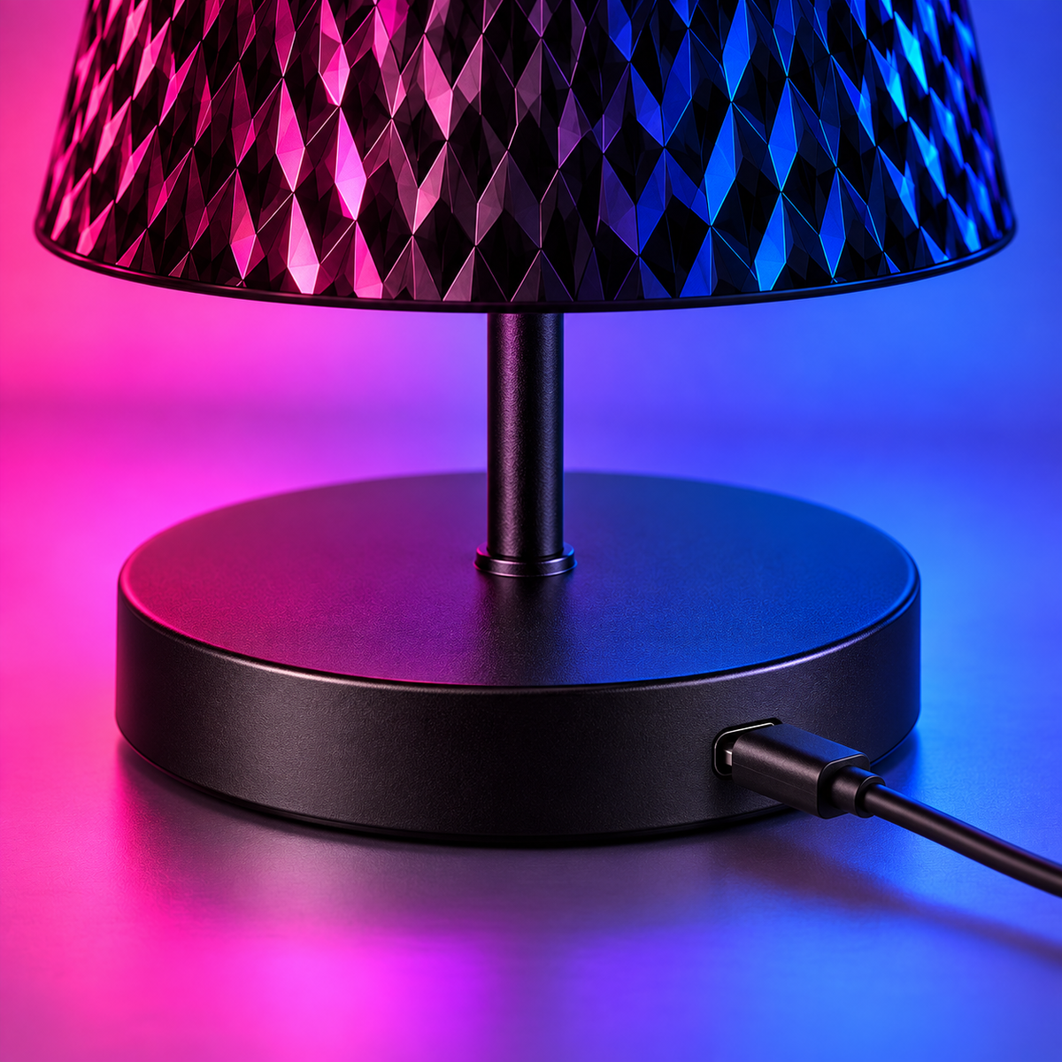 Detaliu al bazei lămpii RGB și al cablului USB-C conectat pentru încărcare