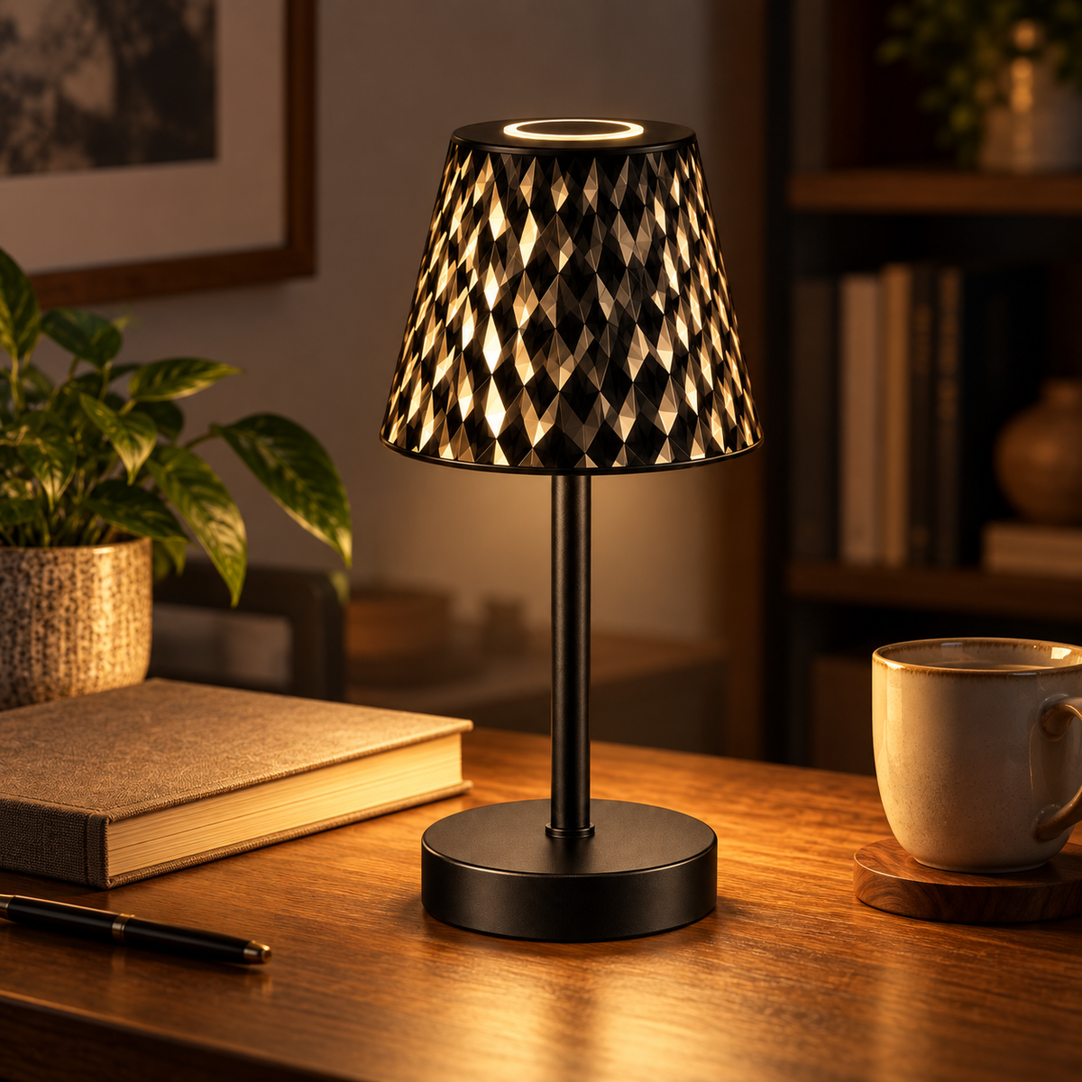 Lampă de masă LED RGB în modul de lumină caldă, pe birou lângă o carte