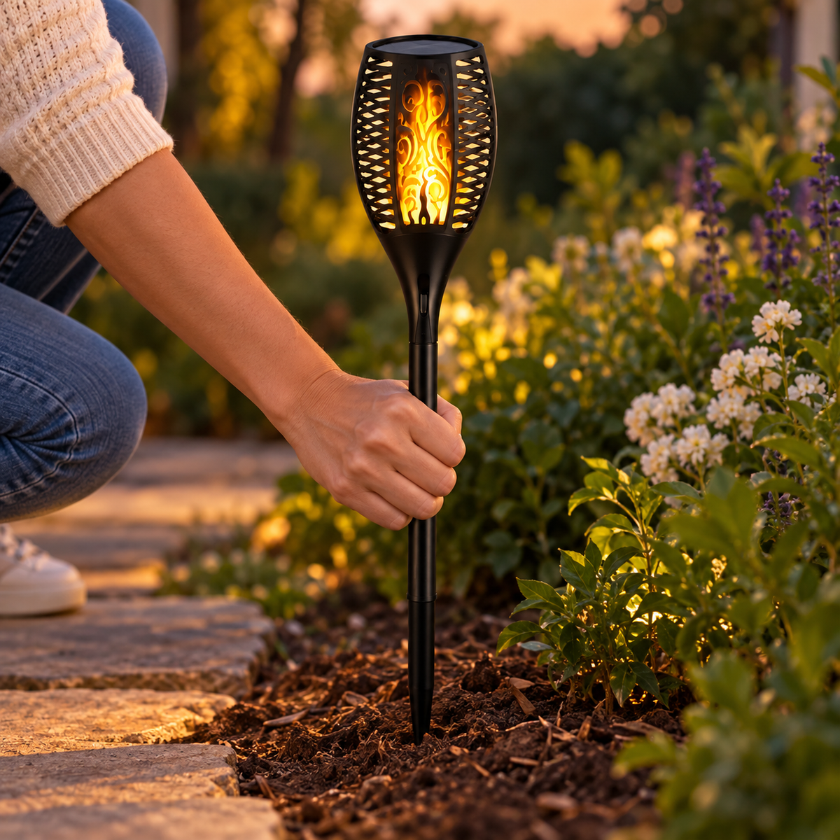 Persoană montează lampa solară cu efect flacără în sol lângă o alee de grădină