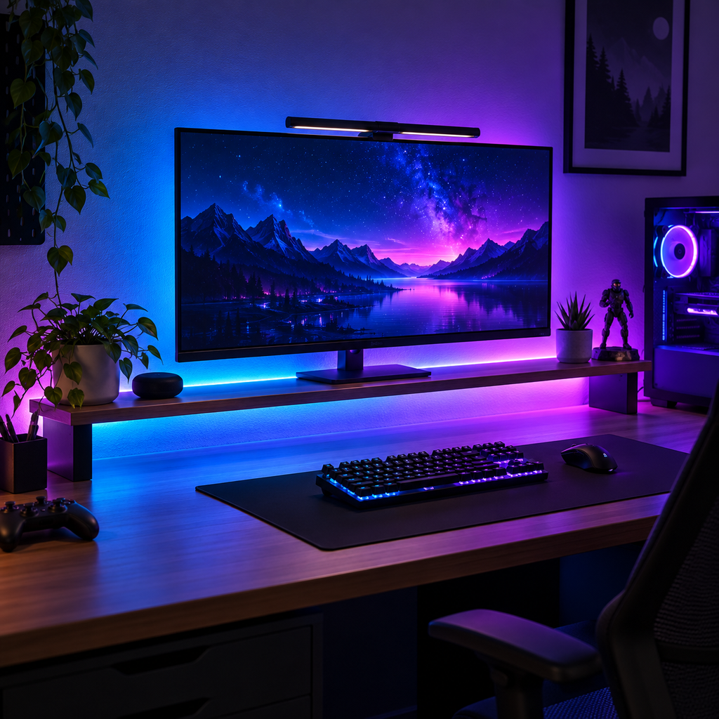 Kitul LED RGBIC într-un setup de gaming