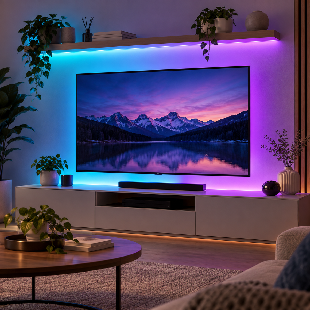 Iluminat ambiental RGBIC în zona televizorului