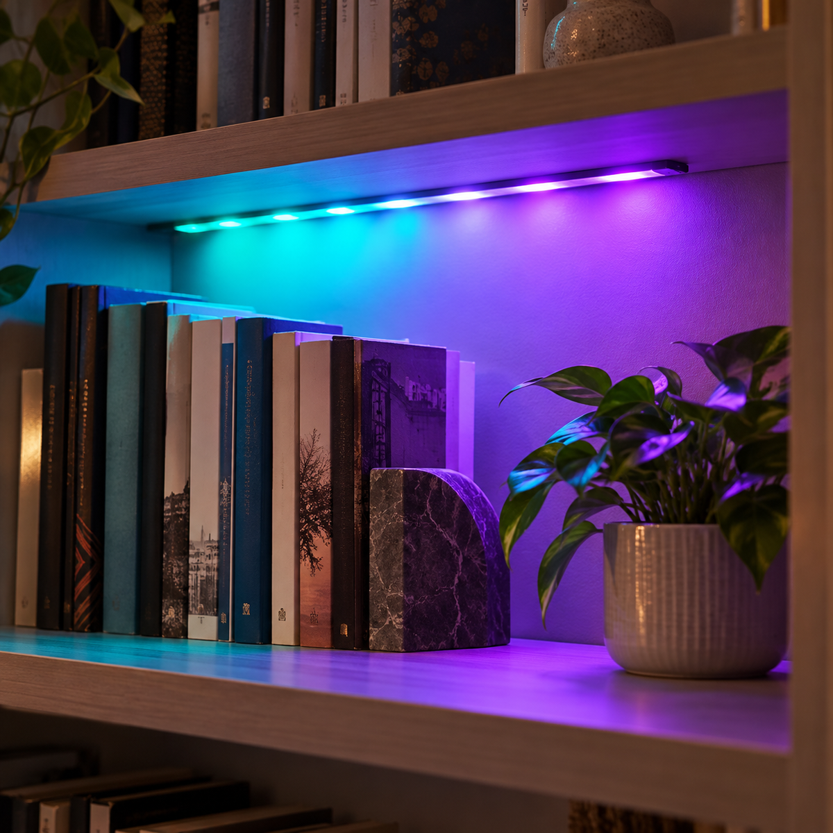 Iluminarea decorativă RGBIC a unei biblioteci